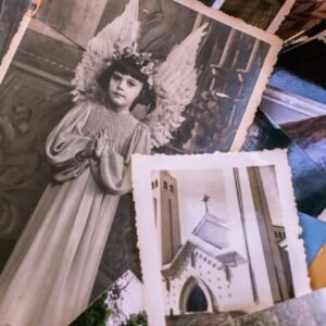 A nostalgic collection showcasing vintage family photos and church imagery.